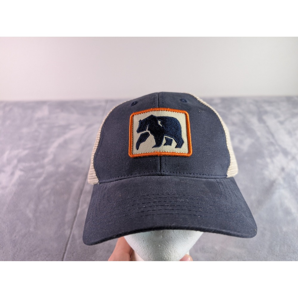 The Normal Brand Mens Bear Logo Trucker Hat Navy Blue Tan Mesh Snapback Cap